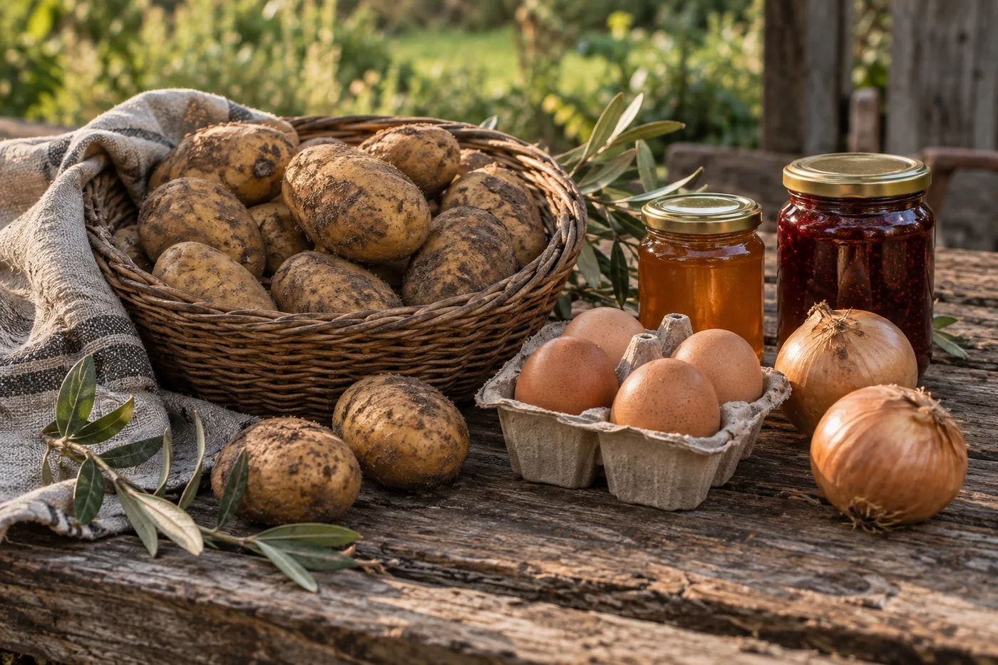 Sfeerbeeld van aardappelen, eieren, uien en potjes streekproducten op een houten tafel